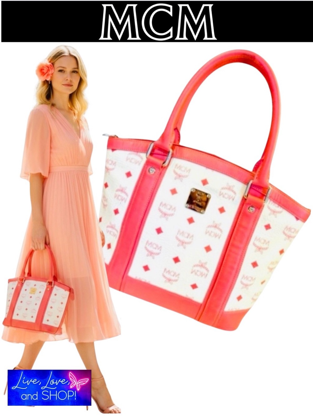 MCM Princess White & Pink Tote Bag, EUC